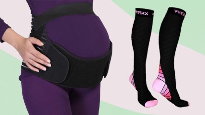 Third Trimester Must-Haves: A black belly band pictured next to a pair of black and pink compression socks
