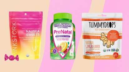 products to help pregnancy nausea: Pink Stork Sweet Peppermint Nausea Sweets, Vitafusion Prenatal Gummy Vitamins and Ginger Tummydrops